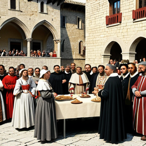 **San Marino Grand and General Council Historical Formation:** Depict a medieval-era gathering in San Marino. Show noble families and commoners meeting to discuss community matters and early governance. The scene should evoke a sense of the origins of San Marino's democratic system.