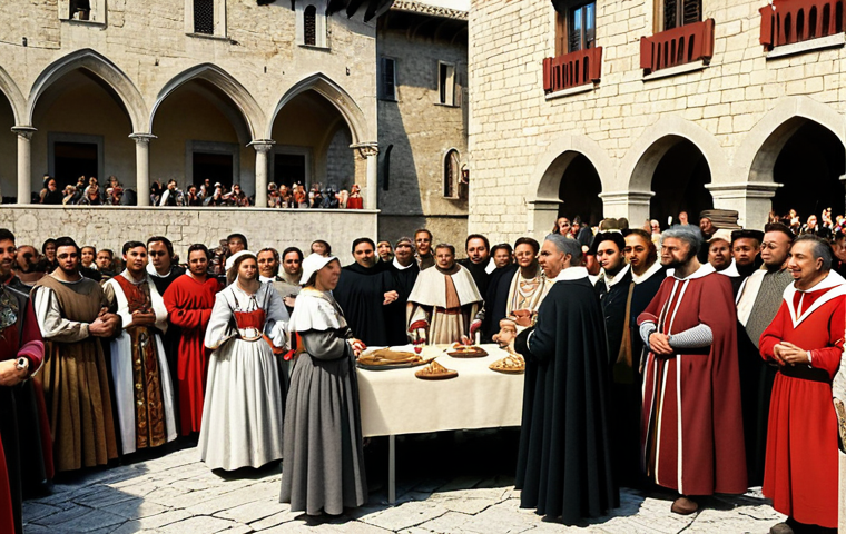 **San Marino Grand and General Council Historical Formation:** Depict a medieval-era gathering in San Marino. Show noble families and commoners meeting to discuss community matters and early governance. The scene should evoke a sense of the origins of San Marino's democratic system.